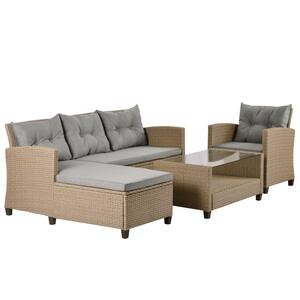 Leo Brown 4-Piece Rattan Wicker Outdoor Sectional Sofa Conversation Set with Gray Cushions
