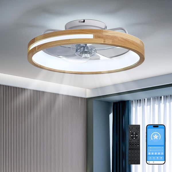 20 in. Indoor Wood Grain Natural Standard Low Profile Dimmable Caged Farmhouse Flush Mount Ceiling Fan with LED Light
