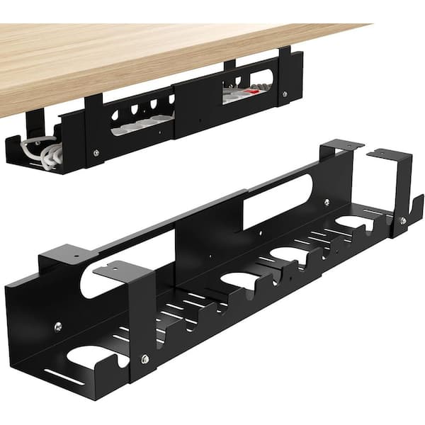Cable Management Under Desk Tray Adjustable Large Cord Wire Organizer for Standing Desk 2 Pack in Black