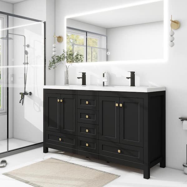 60 in. W. x 18 in. D x 34 in. H Double Sinks Freestanding Black Bath Vanity with White Integrated Composite Resin Top