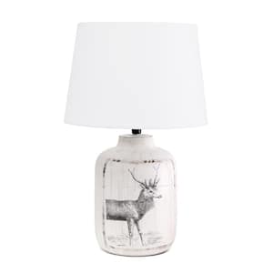17 in. 1-Light Rustic Deer Buck Nature Printed Ceramic Farmhouse Accent Table Lamp with Fabric Shade