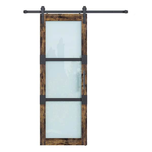 easelife 30 in. x 84 in. 3-Panel Frosted Glass Finished MDF Solid Core Wood Brown Sliding Barn Door with Hardware Kit