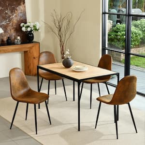 MIK 5-Piece Modern Industrial Dining Set-Rectangle Table with Oak Top and Coffee Faux Leather Chairs for Dining Room