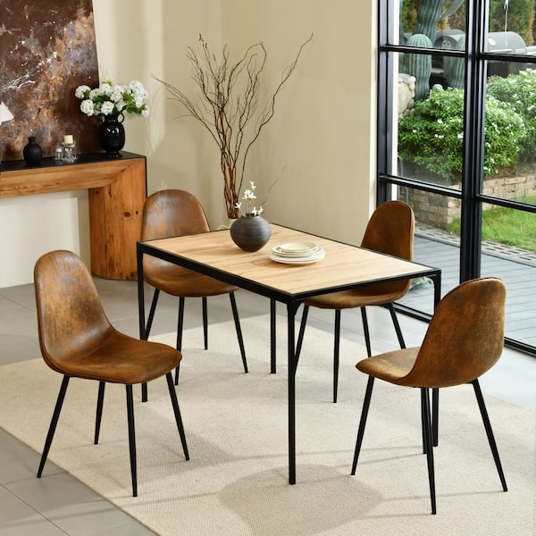 MIK 5-Piece Modern Industrial Dining Set-Rectangle Table with Oak Top and Coffee Faux Leather Chairs for Dining Room