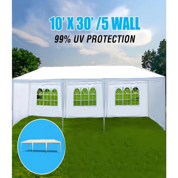 Unbranded 10 ft. x 30 ft. Wedding Party White Canopy Tent Outdoor Gazebo with 5 Removable Sidewalls for Backyard, Birthday Party