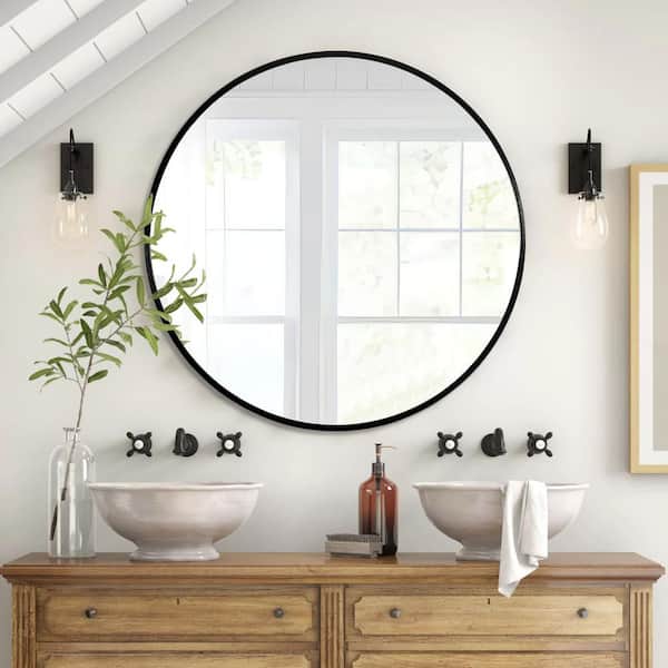 Dovelina Medium Round Black Hooks Modern Mirror (31.5 in. H x 31.5 in. W)