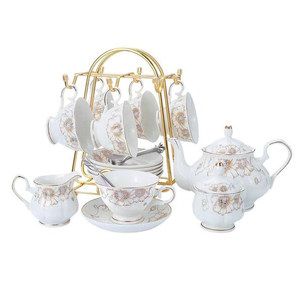 22-Piece 6-Cup White Porcelain Ceramic Tea Pot Set with Cup, Sugar Bowl, Cream Pitcher, Saucers, Teaspoons and Trainer