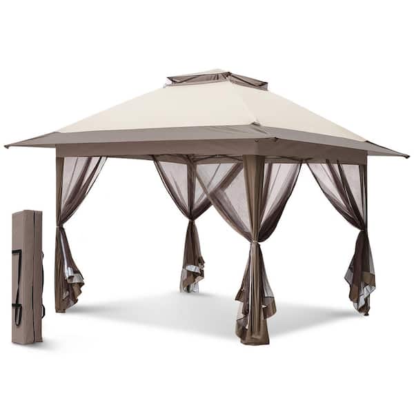 EAGLE PEAK 13 ft. x 13 ft. Pop-Up Gazebo Tent Instant with Mosquito Netting  in Beige/Brown E169MN-BGE-AZ - The Home Depot