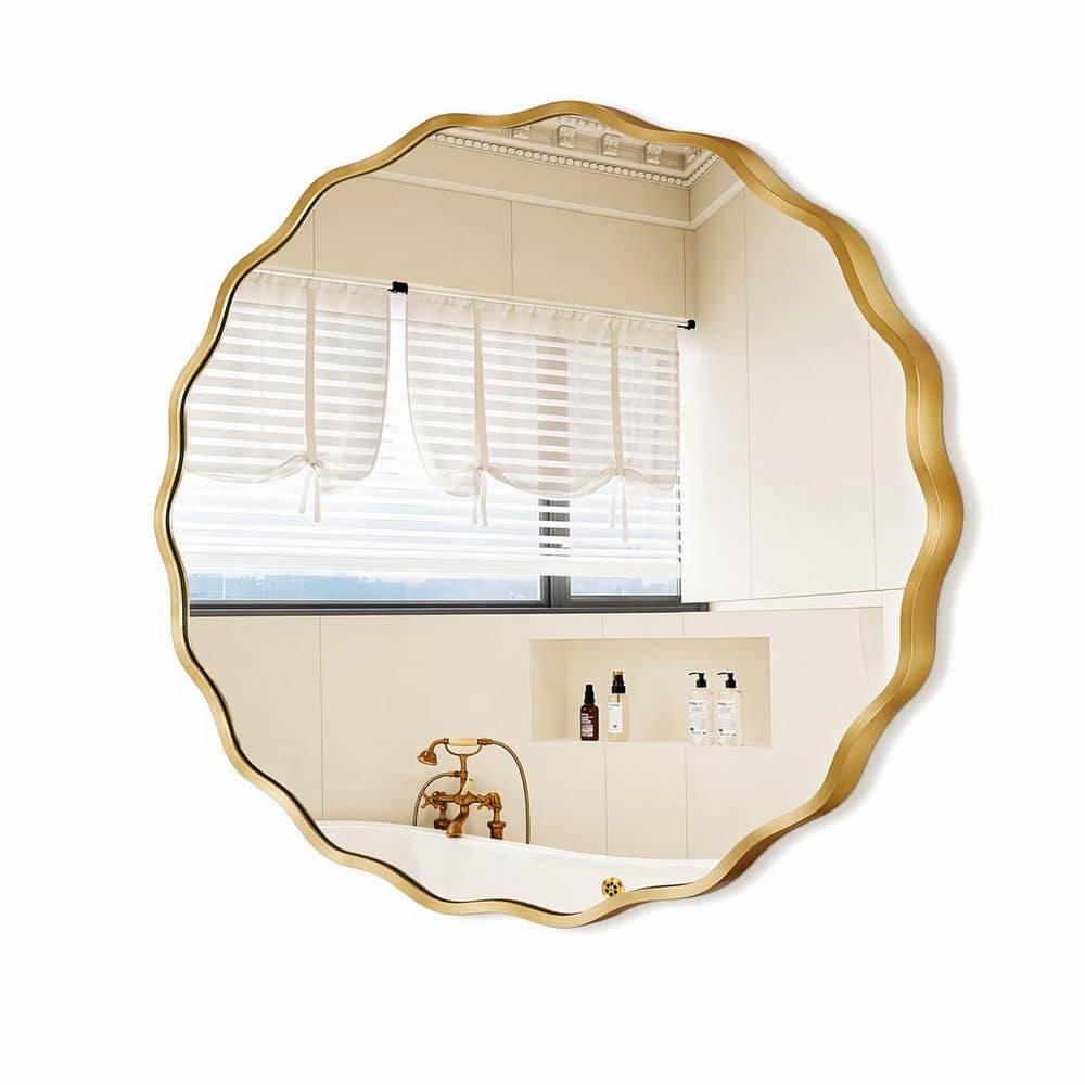24 in. W x 24 in. H Gold Wavy Round Framed Wall Mirror, Brushed Stainless Steel Frame with Shatter-Proof Glass price history on PriceWatchPro