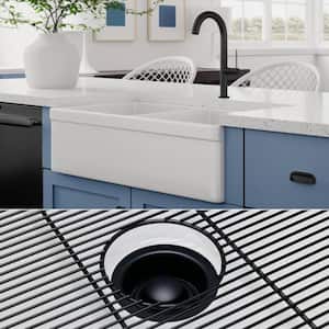 Luxury 33 in. Farmhouse/Apron-Front Double Bowl White Solid Fireclay Kitchen Sink with Matte Black Accs and Belt Front
