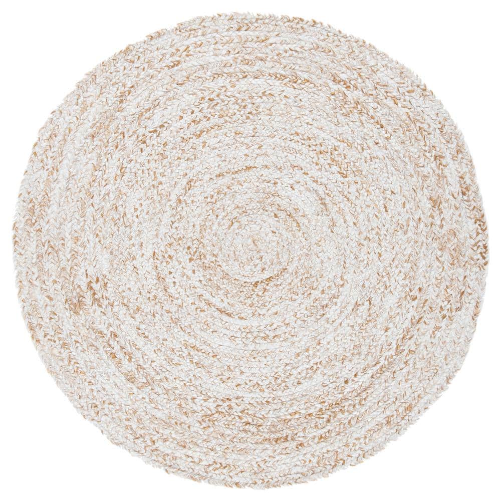 Handmade Beige and Ivory Round Synthetic Braided Rug, 5'