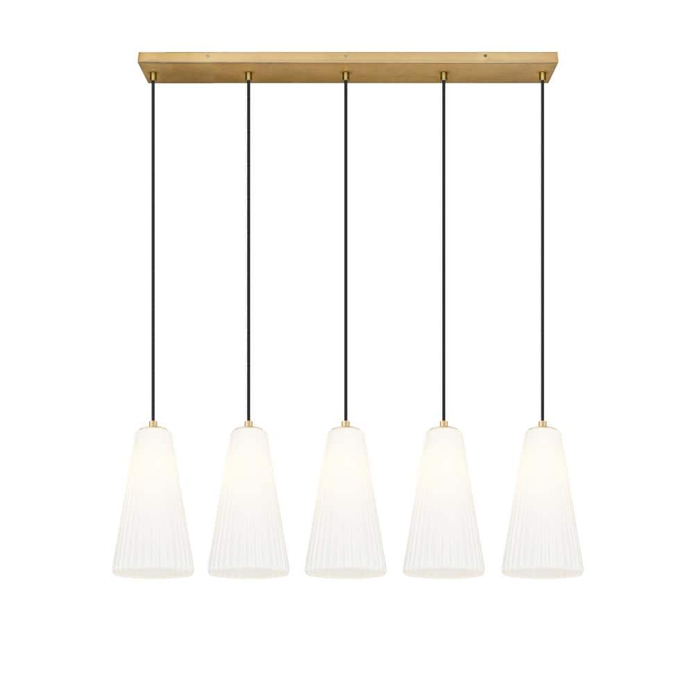 Modern Gold and Nickel 5-Light Linear Chandelier with Frosted Glass Shades