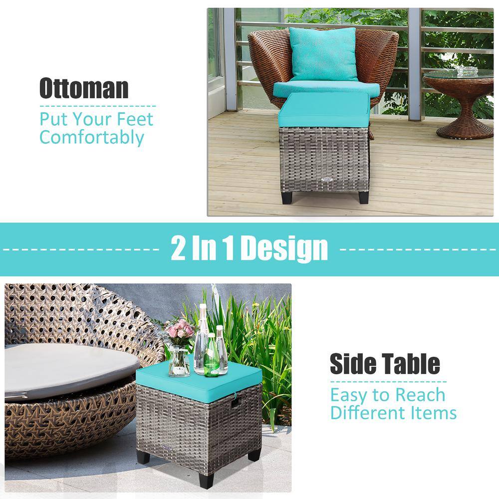 Turquoise Cushioned Rattan Outdoor Ottoman Stool Set