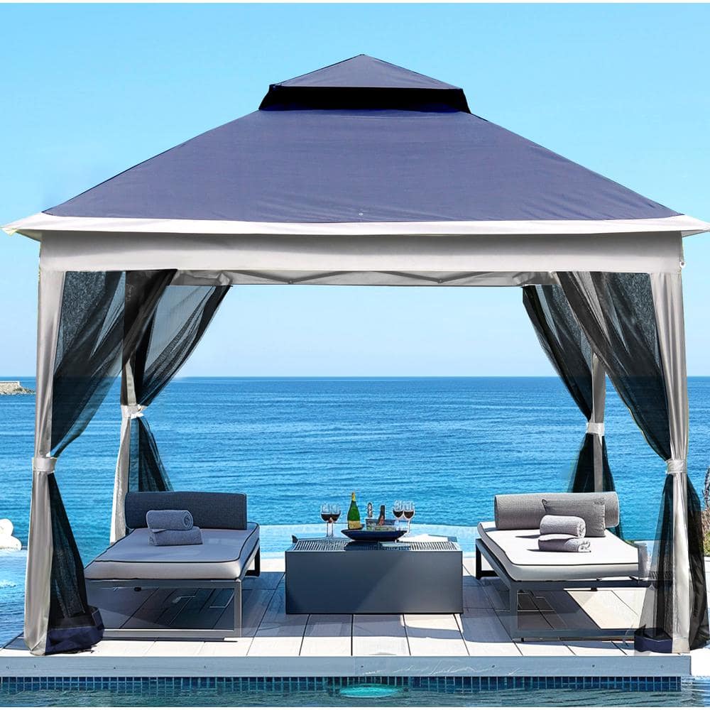 Otryad Ft X Ft Blue Pop Up Double Top Gazebo Canopy With Removable Mesh Zipper Sidewalls