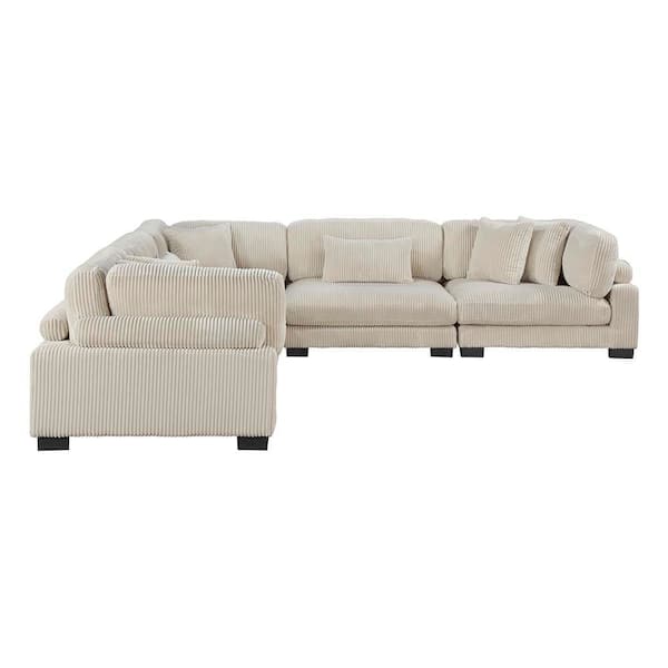 Turbo 135 in. Pillow Top Arm 5-Piece Corduroy Fabric Modular Sectional Sofa in Beige