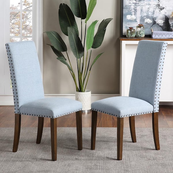 Polibi 24.41 in. W Blue Upholstered Dining Chairs Fabric Dining Chairs with Copper Nails (Set of 2)