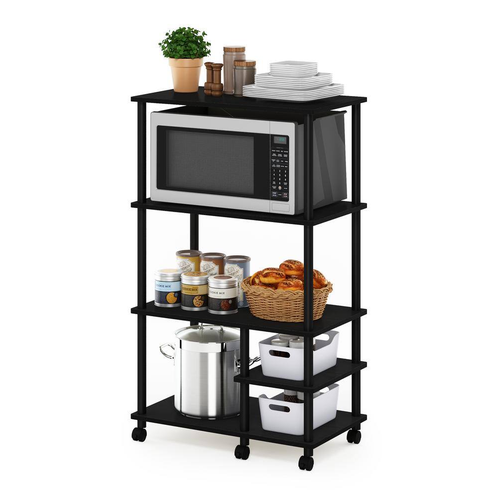 Black Wood 4-Tier Kitchen Cart with Storage and Lockable Casters