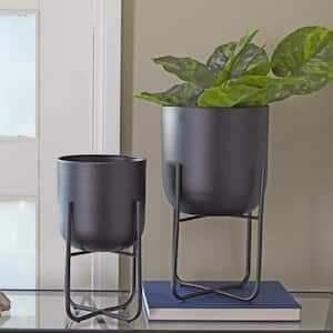 17 in., and 13 in. Medium Black Metal Indoor Outdoor Planter with Removable Stand (2- Pack)