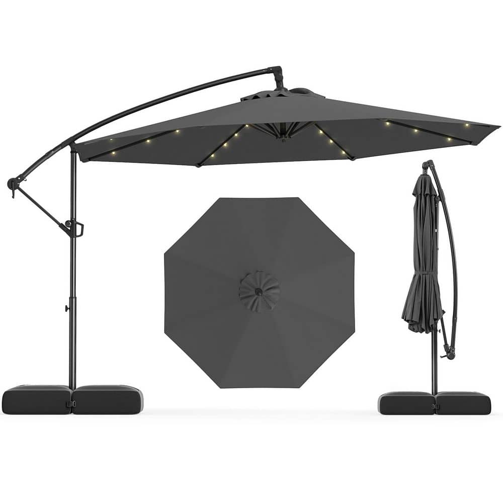 10 ft. Steel Cantilever Offset Solar Hanging Patio Umbrella with Cross Base and 32 LED Lights in Gray price history on PriceWatchPro