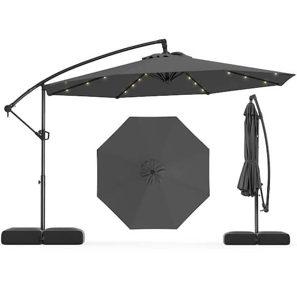 10 ft. Steel Cantilever Offset Solar Hanging Patio Umbrella with Cross Base and 32 LED Lights in Gray