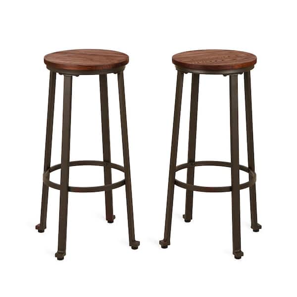 Glitzhome 29.92 in. H Coffee Color Rustic Steel Bar Stool with Elm Wood Top (Set of 2)