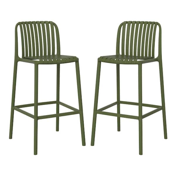 WESTIN OUTDOOR Frond and Form Modern Slatted Outdoor Patio Poly Plastic Stackable 29.5 in. Bar Stool (Set of 2), Olive Green