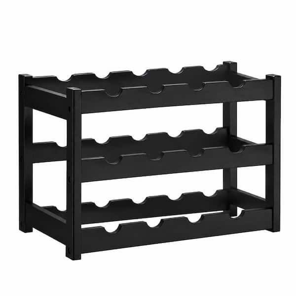 Modern Black Bamboo Countertop Wine Rack, 3-Tier 12-Bottle Storage Shelf with Horizontal Wave Shelves