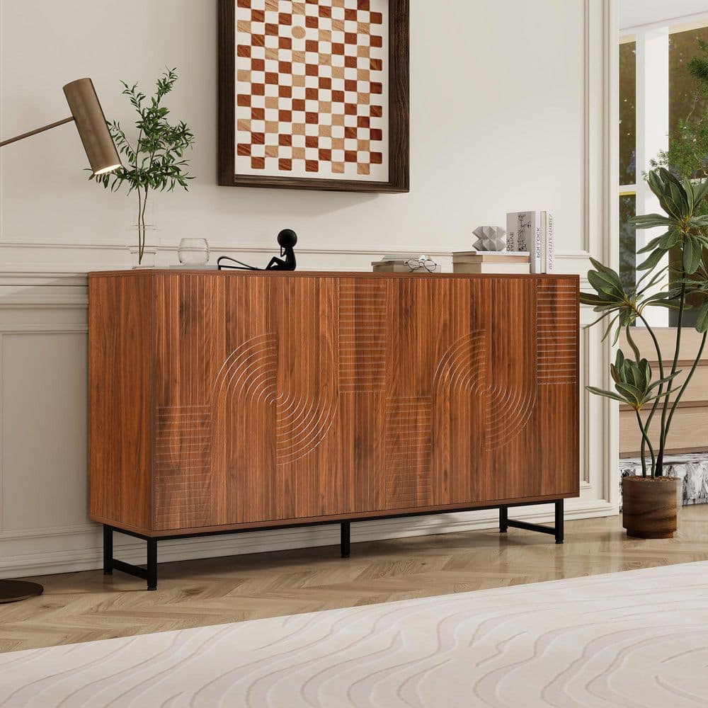 Bianca Walnut Wood Mid-Century Buffet 59 in. W Sideboard with 4-Doors and Metal Legs