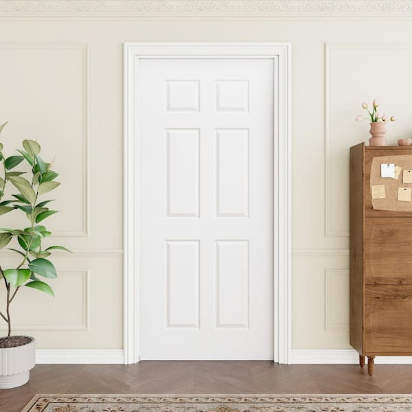 36 in. x 80 in. White Primed 6-Panel Molded Solid Core Wood Pocket Door with Door Frame, Hardware Kit and Soft Close