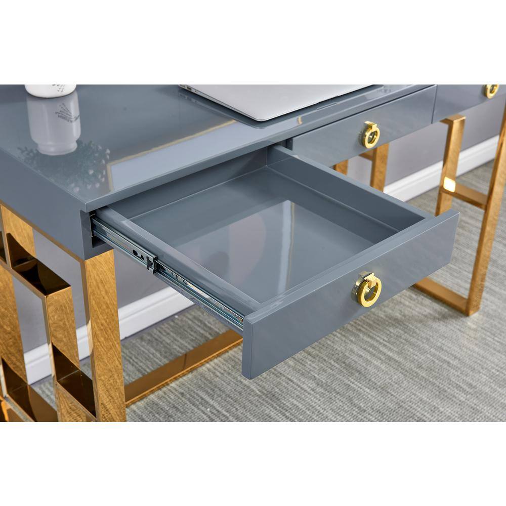 Gray and Gold Wood Writing Desk with Drawers