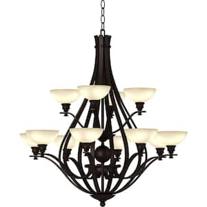 12-Light Foundry Bronze Chandelier with Sandstone Glass Shades