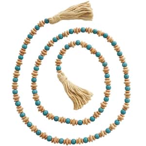 Teal Handmade Mango Wood Round Long Carved Beaded Garland with Tassel with Brown Beaded Disks