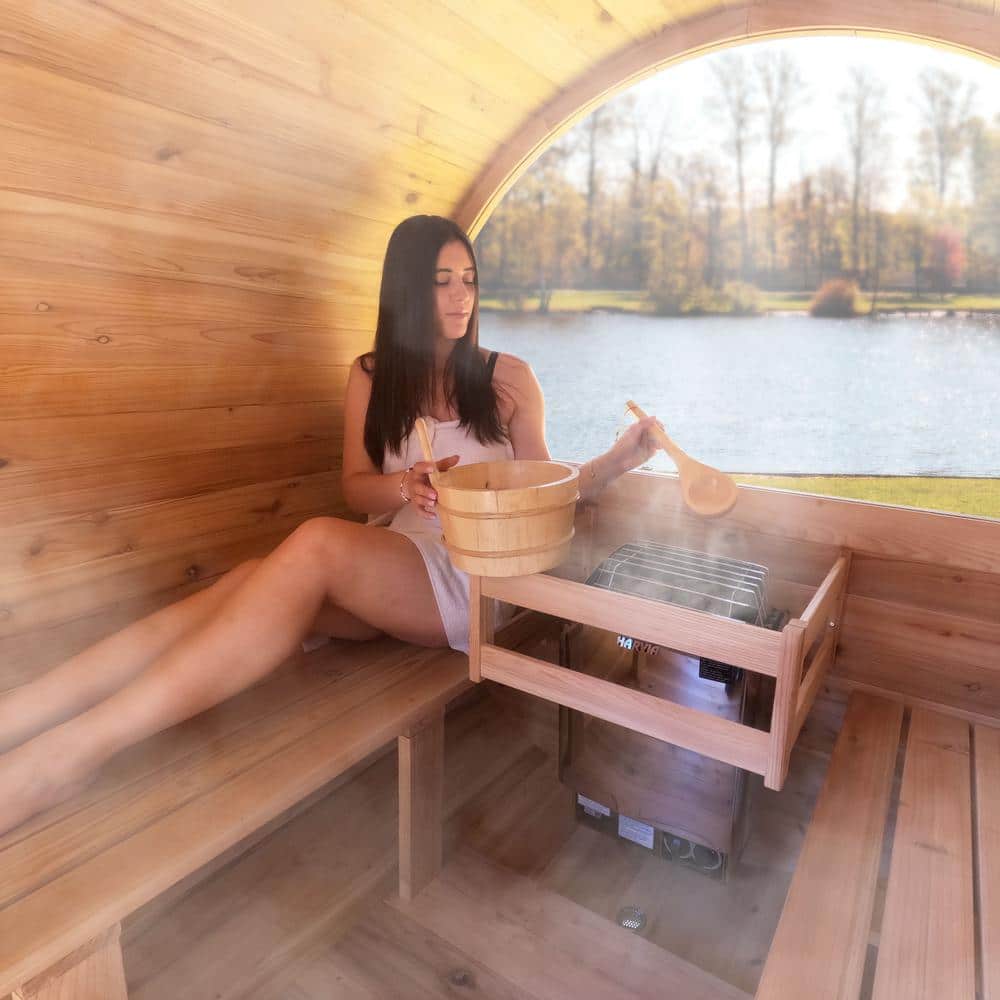 Outdoor Red Cedar Barrel Sauna with Heater and Roof