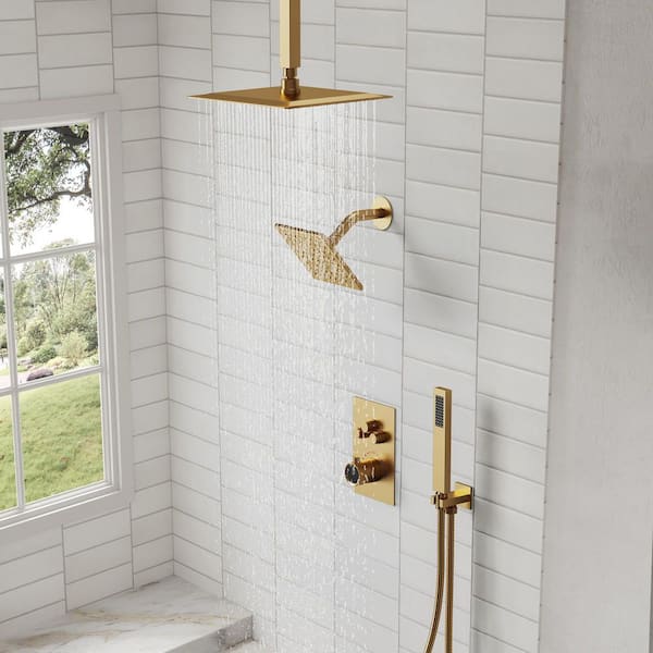 EVERSTEIN 7-Spray Patterns Thermostatic 12 in., 6 in. Ceiling Mount Fixed and Handheld Shower Head in Brushed Gold