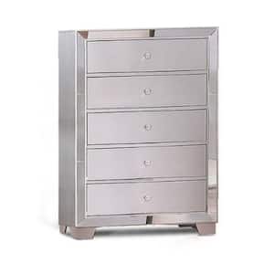 Silver 5-Drawer Deluxe Wooden Tall Dresser Chest with Mirrored Trim