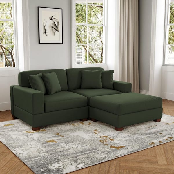 Uixe 83 in. W Modern Square Arm 3-Piece Corduroy Fabric L-Shaped Sectional Sofa in Green