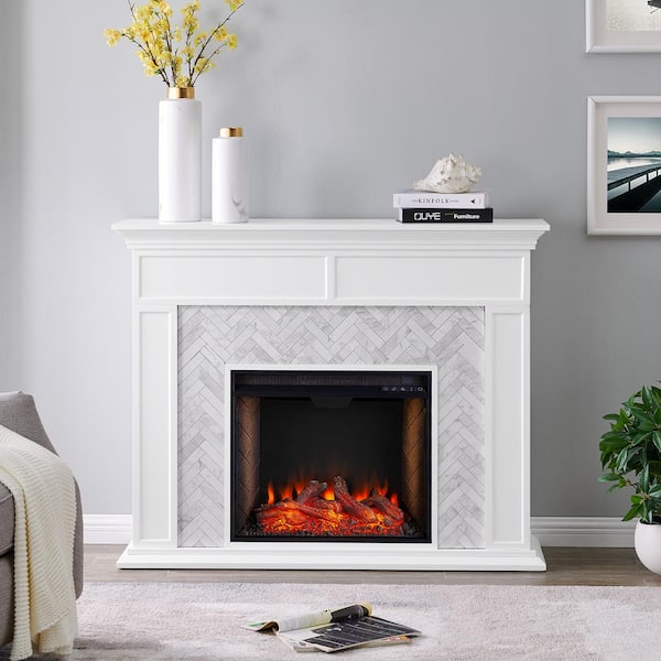 Electric Smart Fireplace Mantel, White Tile Fireplace Surround