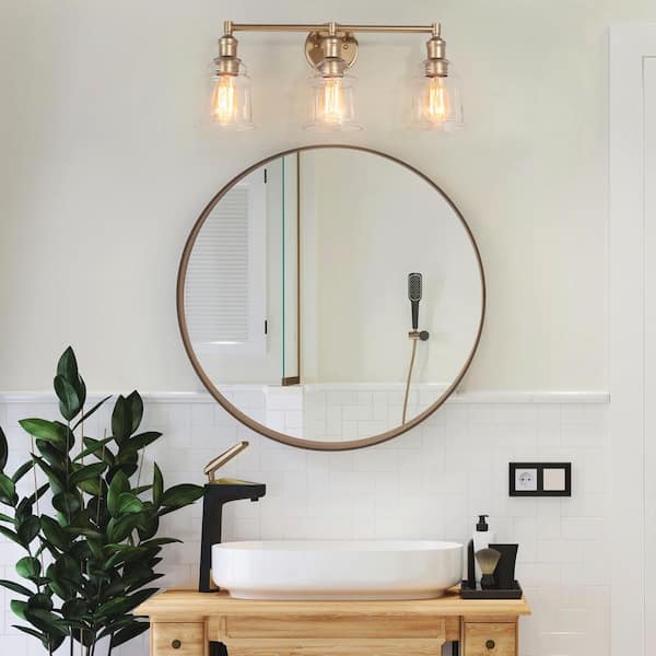 Modern Gold Bathroom Wall Sconce, 23 in. 3-Light Farmhouse Bell Vanity Light with Clear Glass Shades