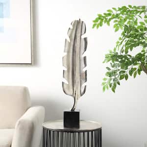 28 in. Silver Aluminum Feather Bird Sculpture with Black Marble Base