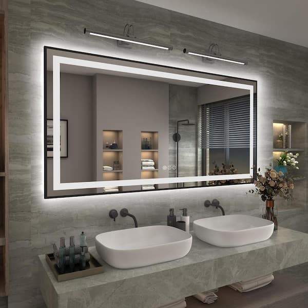 Apmir 60 in. W x 30 in. H Rectangular Framed Front and Back LED Lighted Anti-Fog Wall Bathroom Vanity Mirror in Tempered Glass