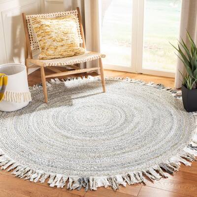 Braided Light Gray 3 ft. x 3 ft. Round Solid Striped Area Rug