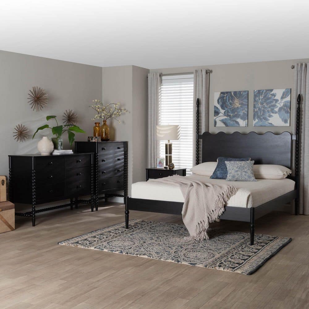 Baxton Studio Brantley 4-Piece Black Wood Queen Bedroom Set 2721480514808HD
