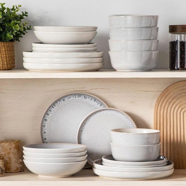 24-Piece Cream White and Beige Stoneware Dinnerware Set Service for 6 Bowls and Plates Set Tableware Dinner Set