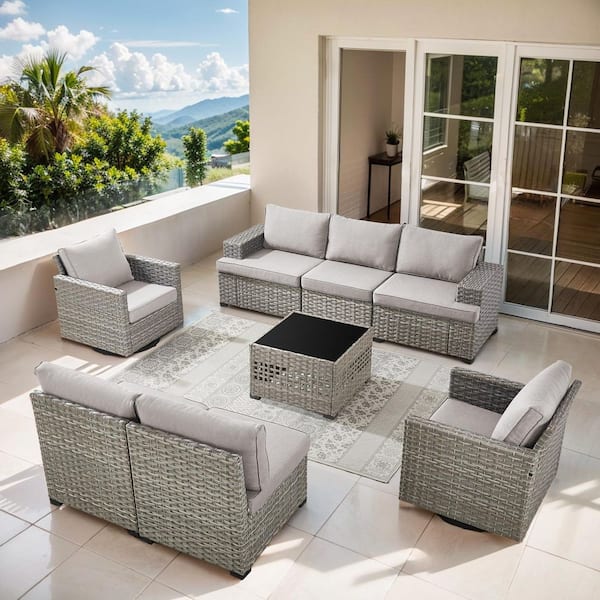 ModNest Taupe 8-Piece Wicker Patio Conversation Set, Modular Sofa Set with Beige Cushions and 2 Swivel Gliders