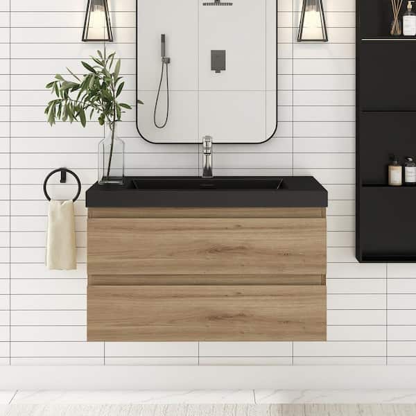 36 in. W x 19.5 in. D x 20.5 in. H Wall-Mounted Bath Vanity in F. Oak with Black Quartz Top