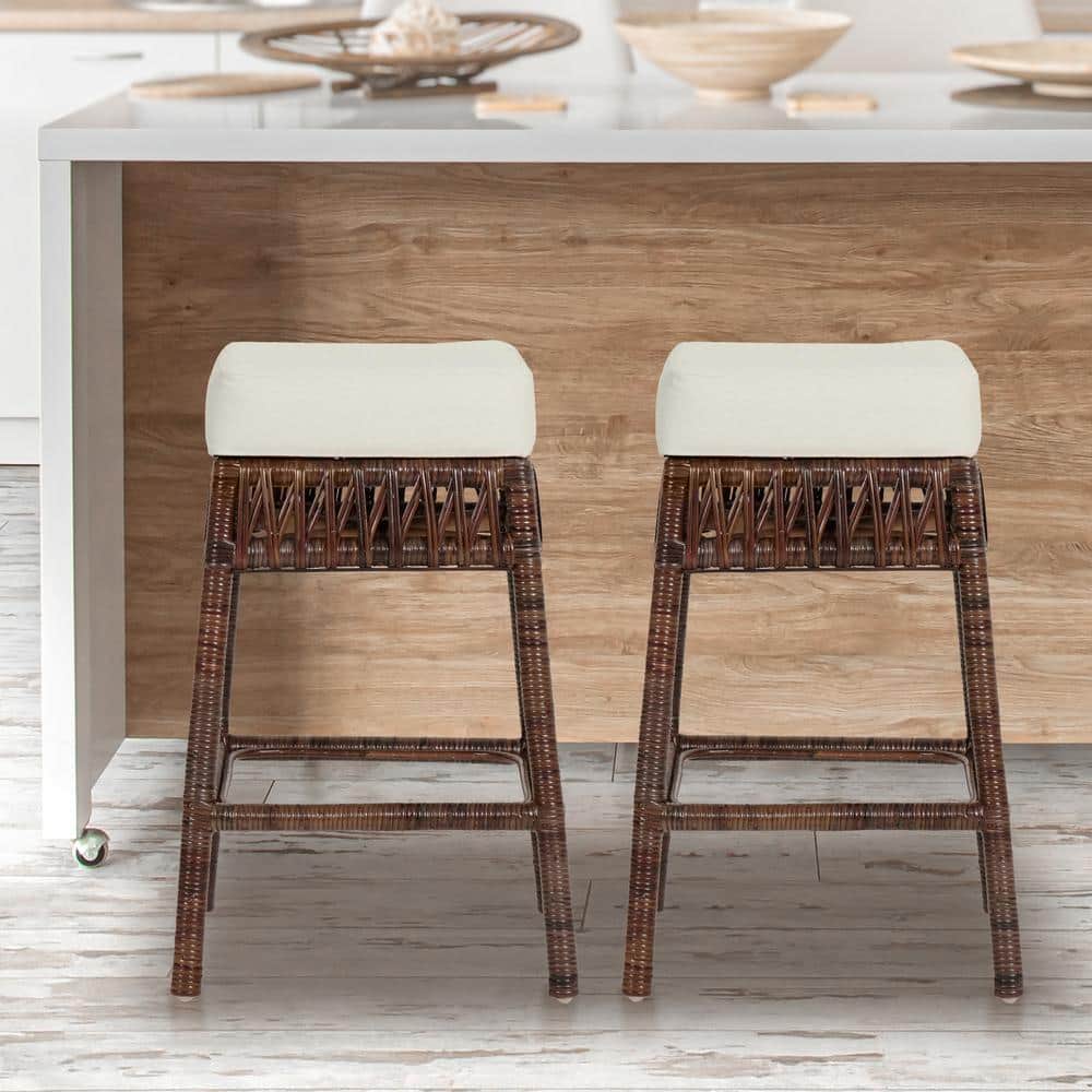 Bali 19" Brown Rattan Backless Counter Stool with Cushion