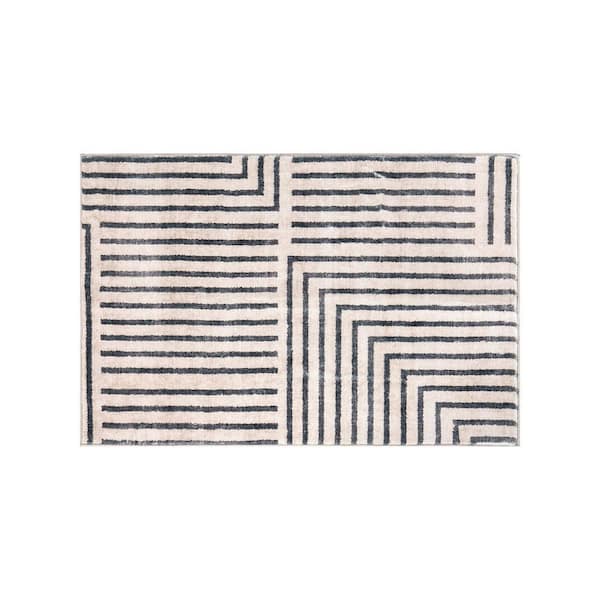 Distressed Bohemian Stripes Washable Non Slip Beige 2 ft. x 4 ft. Area Rug