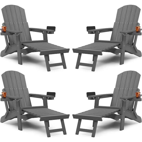 Mximu Grey Outdoor Folding Adirondack Chair with Integrated Pullout Ottoman and Cup Holder (4-Pack)