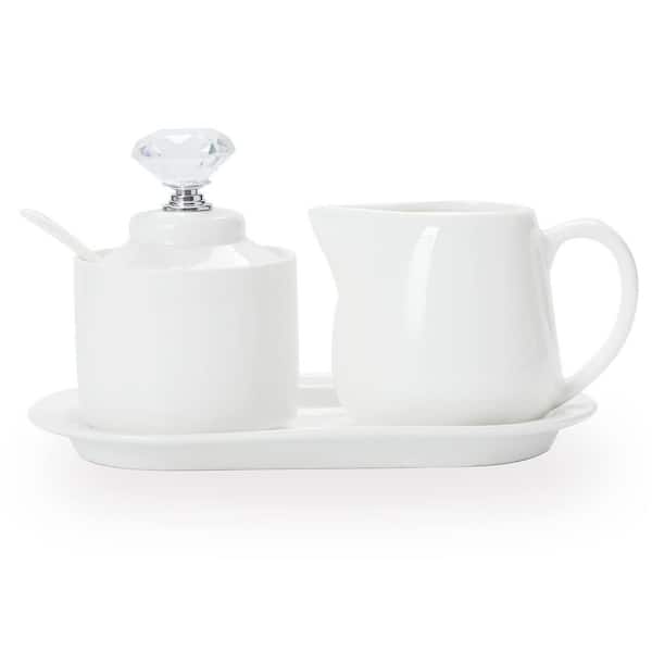 8 fl. oz. White Porcelain Sugar Bowl and Creamer Set with Tray and Crystal Lid (Set of 4), Smooth and Translucent