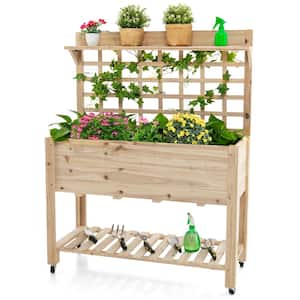 41.5 in. x 16 in. x 54 in. Wood Raised Garden Bed Elevated Planter Box with Wheels Bed Liner Top/Bottom Storage Shelves
